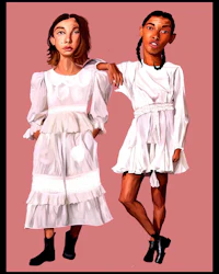 two women in white dresses standing next to each other