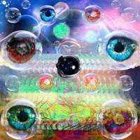 a psychedelic painting with bubbles and eyeballs