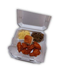 a white box with fried chicken, beans and rice