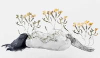 a drawing of a woman laying on a bed of flowers