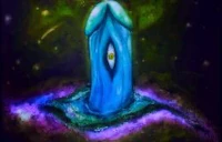 a painting of a blue blob in the middle of a galaxy