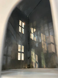 a view of the inside of a metal box with windows