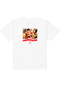 a white t - shirt with an image of a man in a red shirt