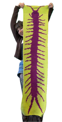 a woman holding up a yellow and purple crocheted scarf