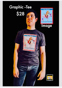 a graphic t - shirt with a man standing in front of it
