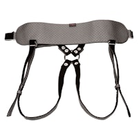 a grey harness with black straps and buckles