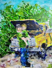 a painting of a man and a child in front of a yellow truck