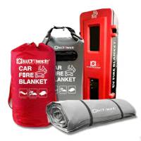 a car fire blanket, a bag, and a fire extinguisher
