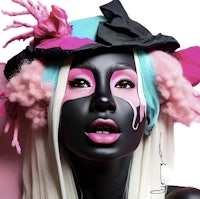 a black woman with pink and blue makeup on her face
