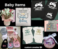 a variety of baby items including t - shirts, hats and flowers