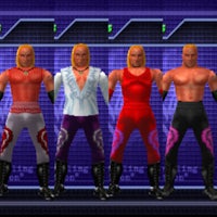 a group of wrestlers standing in front of a purple screen