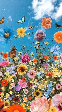 an image of a field of flowers with butterflies in the sky