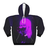 a black and purple hoodie with an image of an anime girl