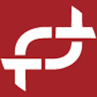 a white cross logo on a red background