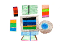 a child's drawing of a computer and various colored pencils