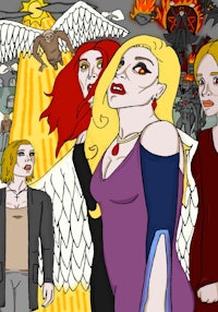 a cartoon of a group of women standing in front of a fire