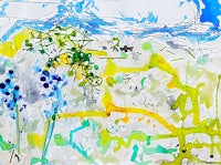 a watercolor painting of a field with blue and yellow flowers