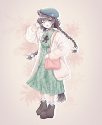 a girl in a green dress holding a bag