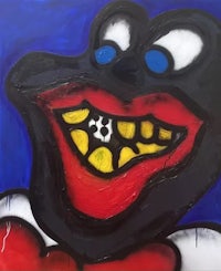 a painting of a black and red clown with a smile on his face