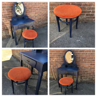 four pictures of a blue and orange dressing table and stool