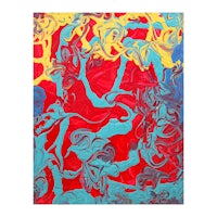 an abstract painting with red, blue and yellow colors