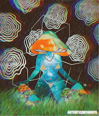 an image of a woman sitting in the grass with a mushroom on her head