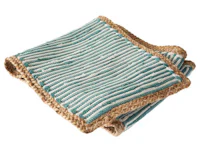 a blue and white striped towel on a white surface