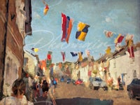 a painting of people walking down a street with flags