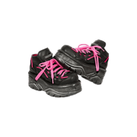 a pair of black and pink sneakers on a black background