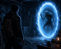 a man is standing in front of a blue light in a dark room