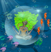 a woman is sitting in the water with jellyfish around her