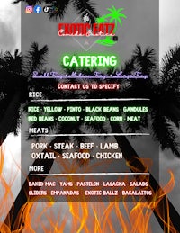 a flyer for a caribbean restaurant with flaming palm trees