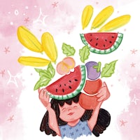 a girl holding a bunch of fruits and vegetables on her head