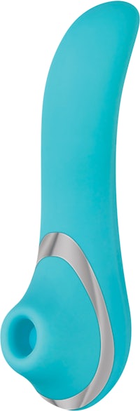 a blue and silver sex toy on a white background