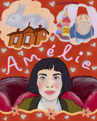 a drawing of a woman and a gnome with the word amelia