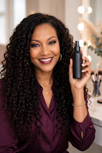 a woman with curly hair holding a bottle of makeup