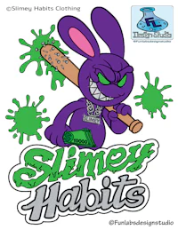 a cartoon bunny holding a bat with the words slimy habits