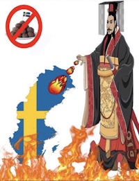a man in a kimono is holding a fire in front of a swedish flag
