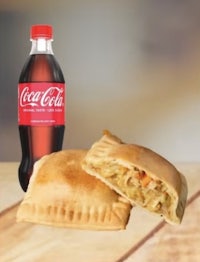 a coca cola bottle next to a pie and a coke