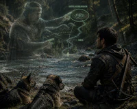 a man sits on a rock with two dogs in the background