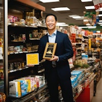 a man in a suit standing in front of a grocery store