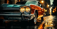 a classic car parked on a wet street at night
