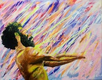 a painting of a man with a beard in the air