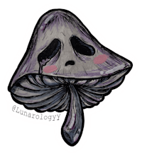 a sticker of a mushroom with a sad face on it