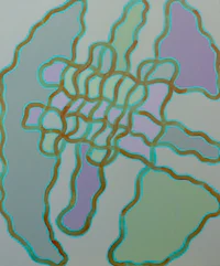a painting with green, blue, and purple lines