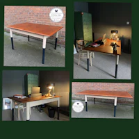four pictures of a desk with a wooden top and a lamp