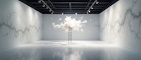 a room with a ladder and a cloud hanging from it
