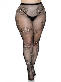 a plus size woman wearing black fishnet stockings