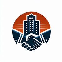 a handshake logo with a building in the background