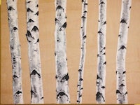 a painting of birch trees on a brown background